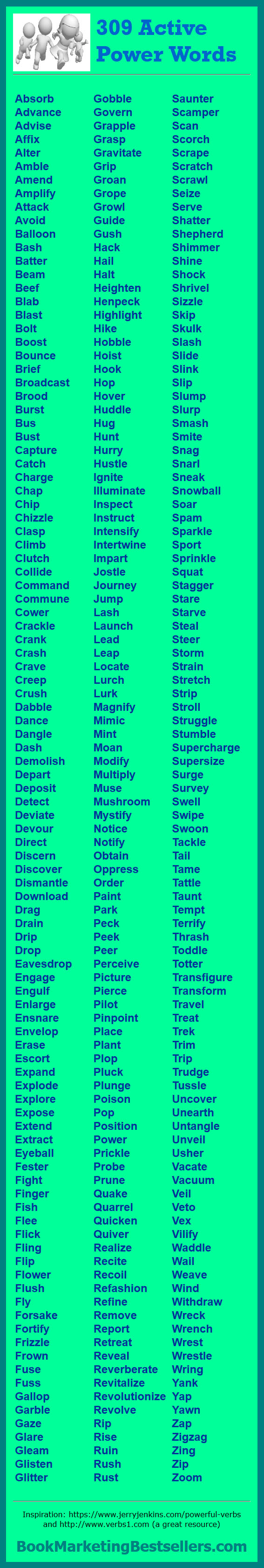 309 Active Power Words: Check out these 309 active verbs that will supercharge your writing. Use them.