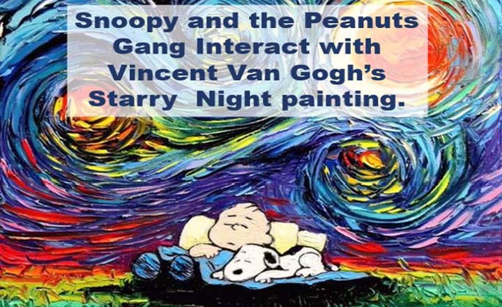 The Peanut comic strip interacts with Vincent Van Gogh's Starry Night