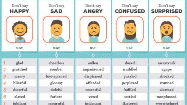 Alternative Words for happy, sad, confused, angry, and surprised