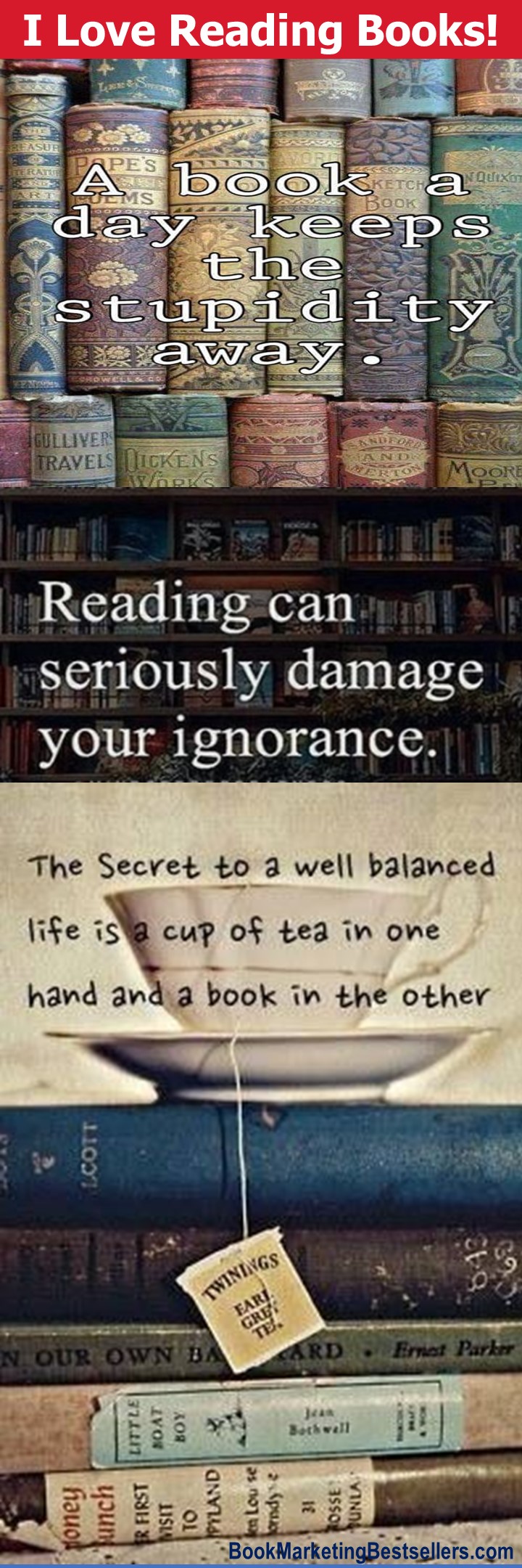 I Love Reading Books! A book a day keeps the stupidity away. Reading can seriously damage your ignorance. The secret to a well-balanced life is a cup of tea in one hand and a book in the other. #books #reading #readers #writers