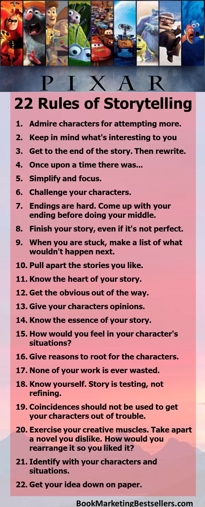 Pixar's 22 Rules for Storytelling: Challenge Your Characters. Come Up With Your Ending Before Doing Your Middle. #writing #writers #authors