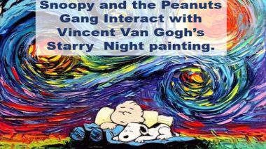 The Peanut comic strip interacts with Vincent Van Gogh's Starry Night