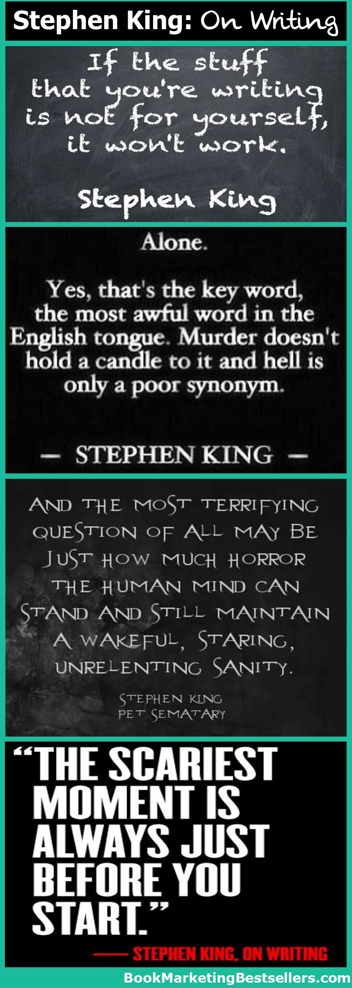 Stephen King on Writing: Here are a few wonderful quotations from master storyteller Stephen King on writing and horror presented as a tip-o-graphic. Enjoy these writing quotes.
